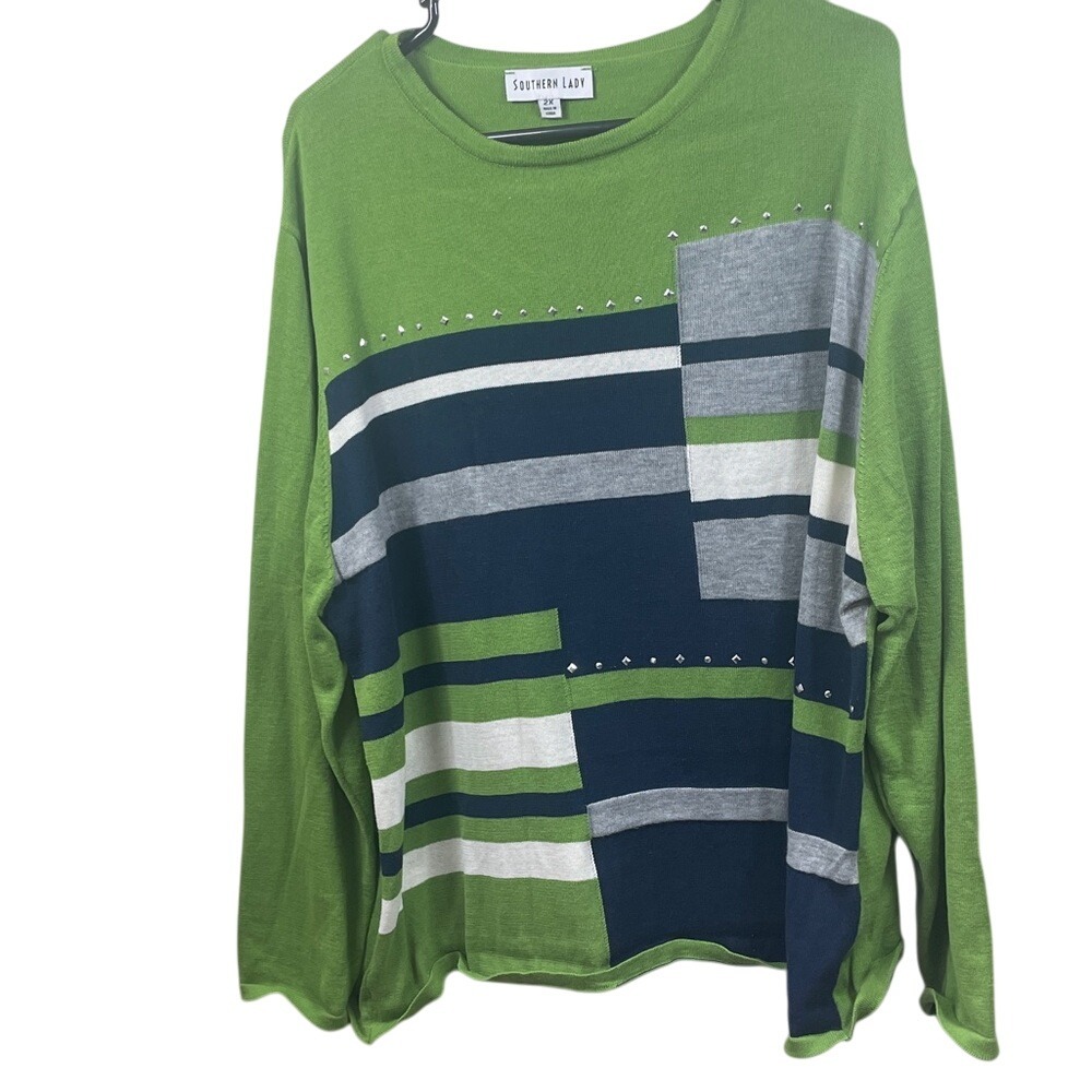 Southern‎ Lady 2X Green Knit Top Stripe Pattern Embellished Long Sleeve Pullover